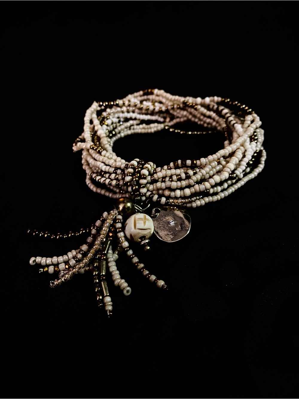 Multi-Strand Seed Bead White/Tan/Beige/Gold Bracelet + Cluster Charm
